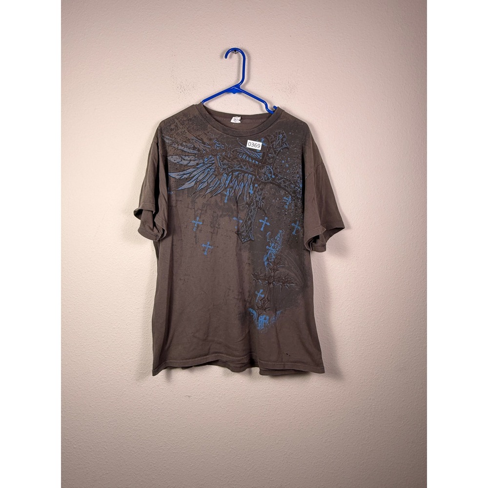 Vintage Y2K Urban Pipeline Shirt Mens XLarge Cross Wings Graphic Brown/Gray